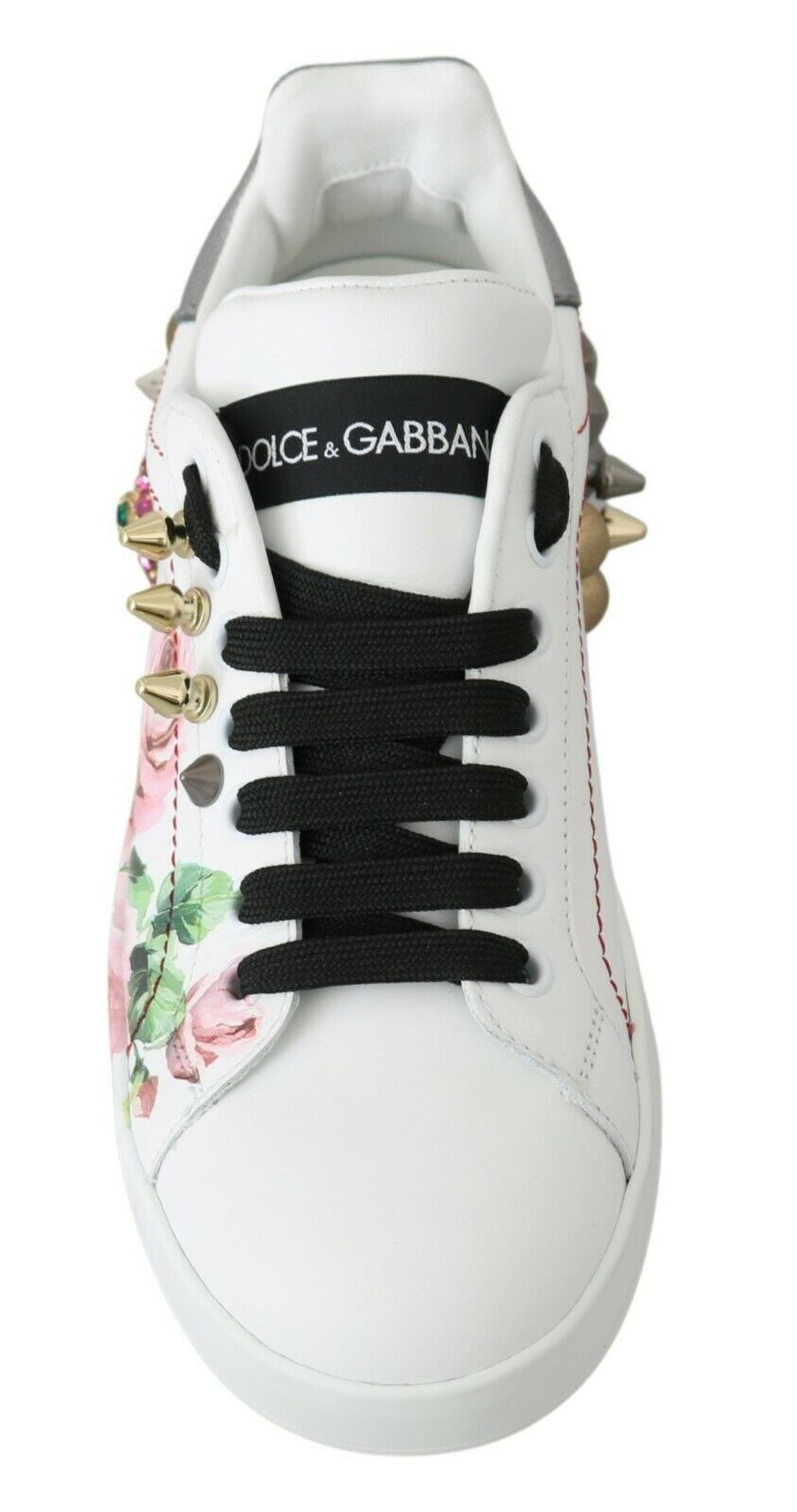 Dolce &amp; Gabbana White Leather Crystal Roses Floral Sneakers Shoes