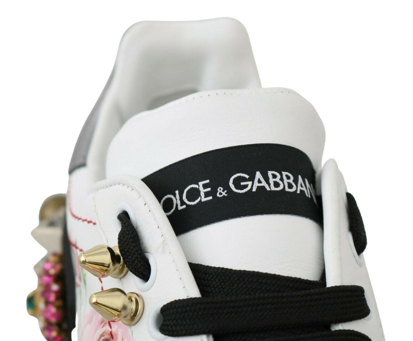 Dolce &amp; Gabbana White Leather Crystal Roses Floral Sneakers Shoes