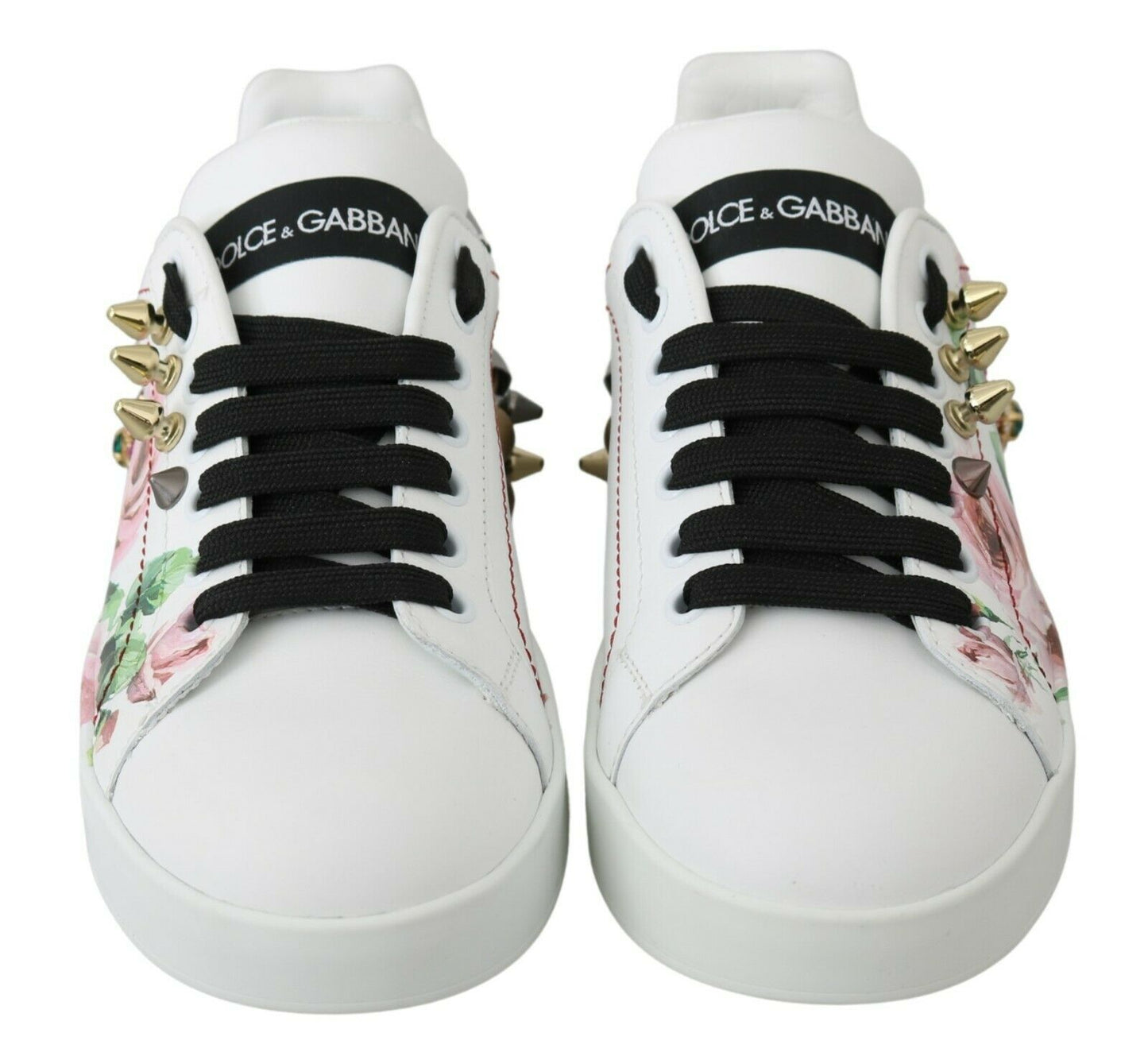 Dolce &amp; Gabbana White Leather Crystal Roses Floral Sneakers Shoes