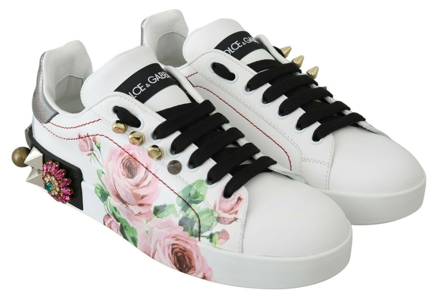 Dolce &amp; Gabbana White Leather Crystal Roses Floral Sneakers Shoes