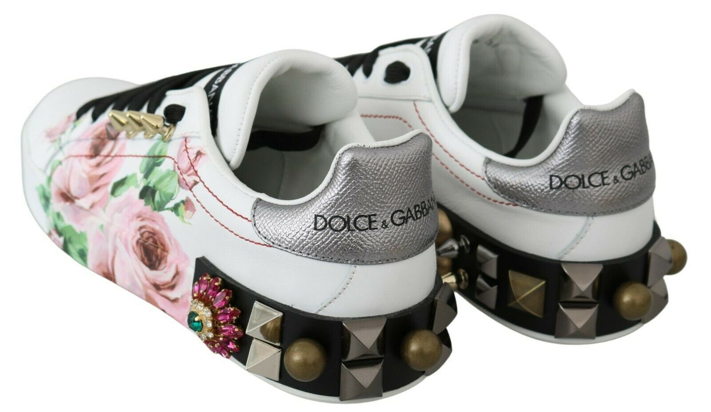 Dolce &amp; Gabbana White Leather Crystal Roses Floral Sneakers Shoes