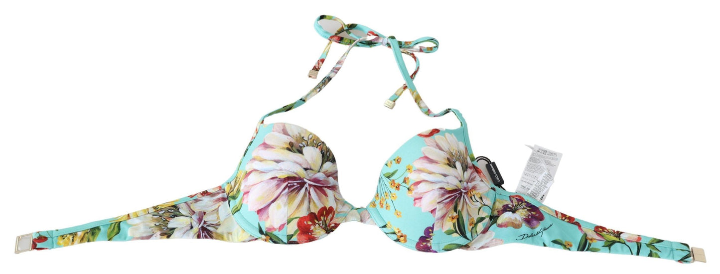 Dolce &amp; Gabbana Mint Green Floral Print Beachwear Mga Bikini Tops