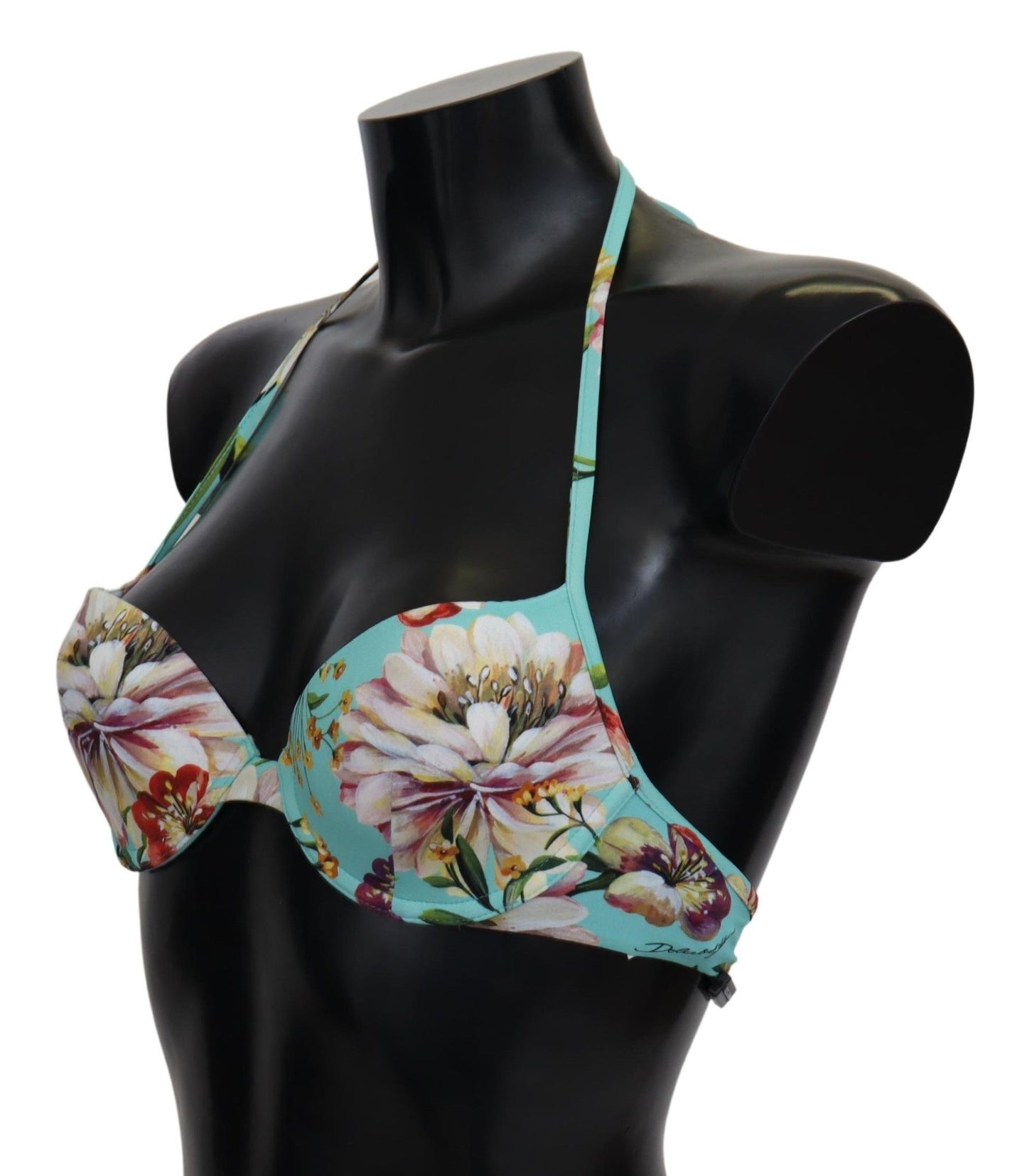 Dolce &amp; Gabbana Mint Green Floral Print Beachwear Mga Bikini Tops