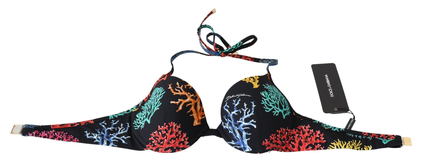 Dolce &amp; Gabbana Black Corals Print Women Beachwear Mga Bikini Tops