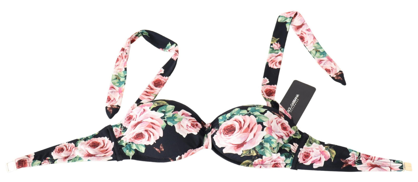 Dolce &amp; Gabbana Black Roses Print Badeanzug Beachwear Bikinioberteile