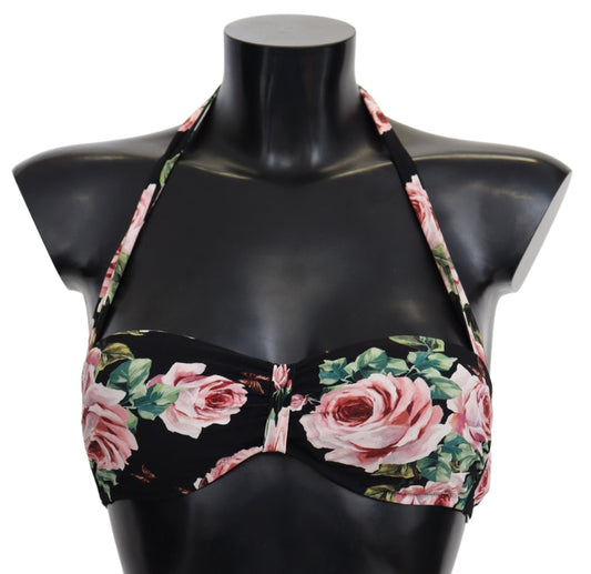 Dolce &amp; Gabbana Black Roses Print Swimsuit Beachwear Mga Bikini Tops