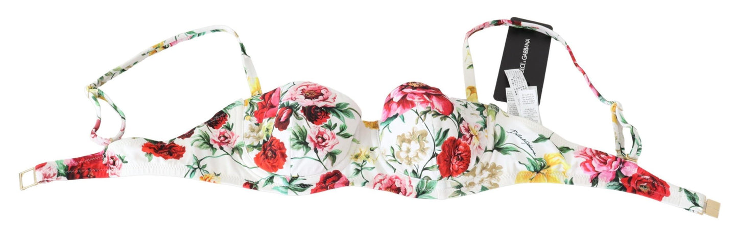 Dolce &amp; Gabbana White Floral Print Swimsuit Beachwear Bikini Tops