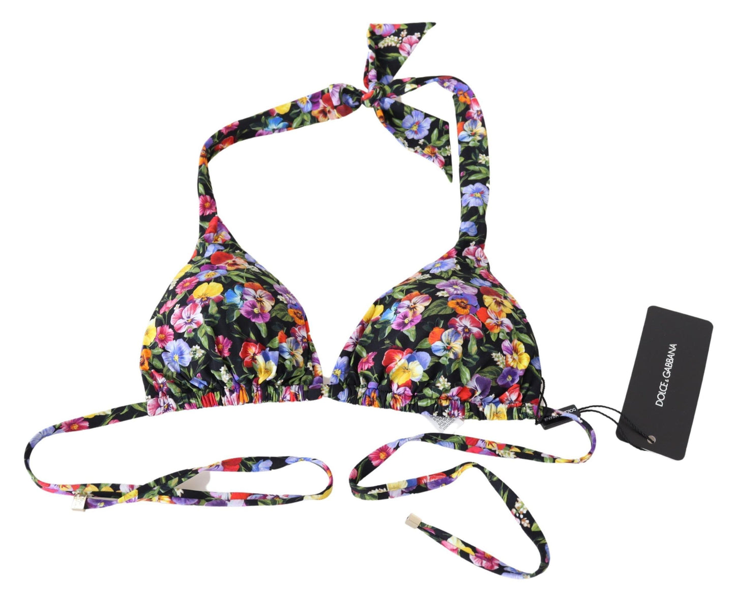 Dolce &amp; Gabbana Black Floral Print Swimsuit Beachwear Bikini Tops