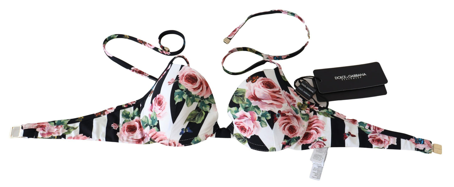 Dolce &amp; Gabbana Multicolor Striped Rose Print Swimwear Bikini Tops