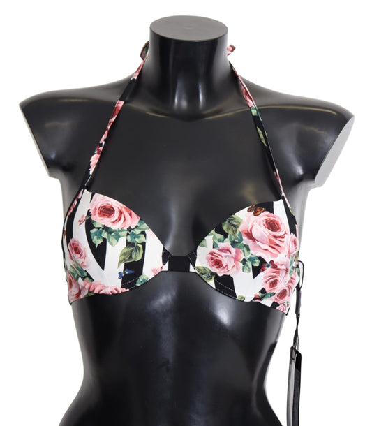 Dolce &amp; Gabbana Multicolor Striped Rose Print Swimwear Bikini Tops