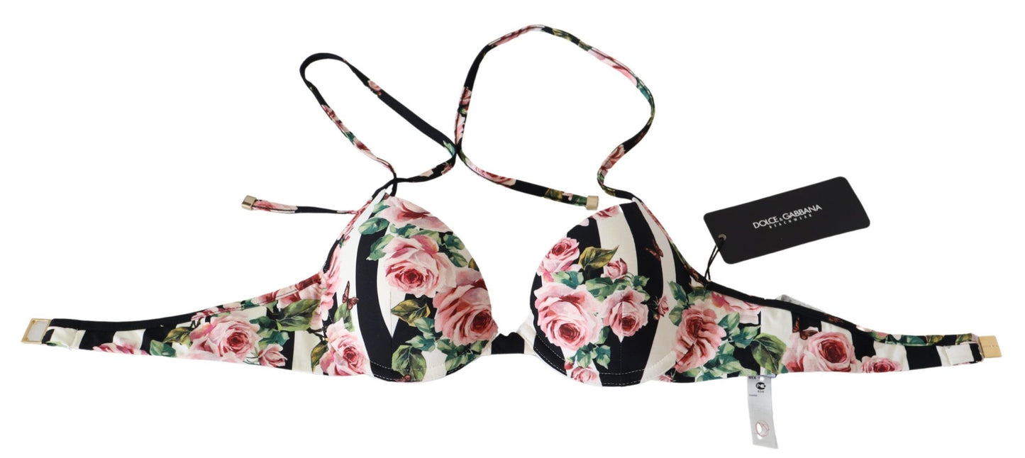 Dolce &amp; Gabbana Multicolor Striped Rose Print Swimwear Bikini Tops