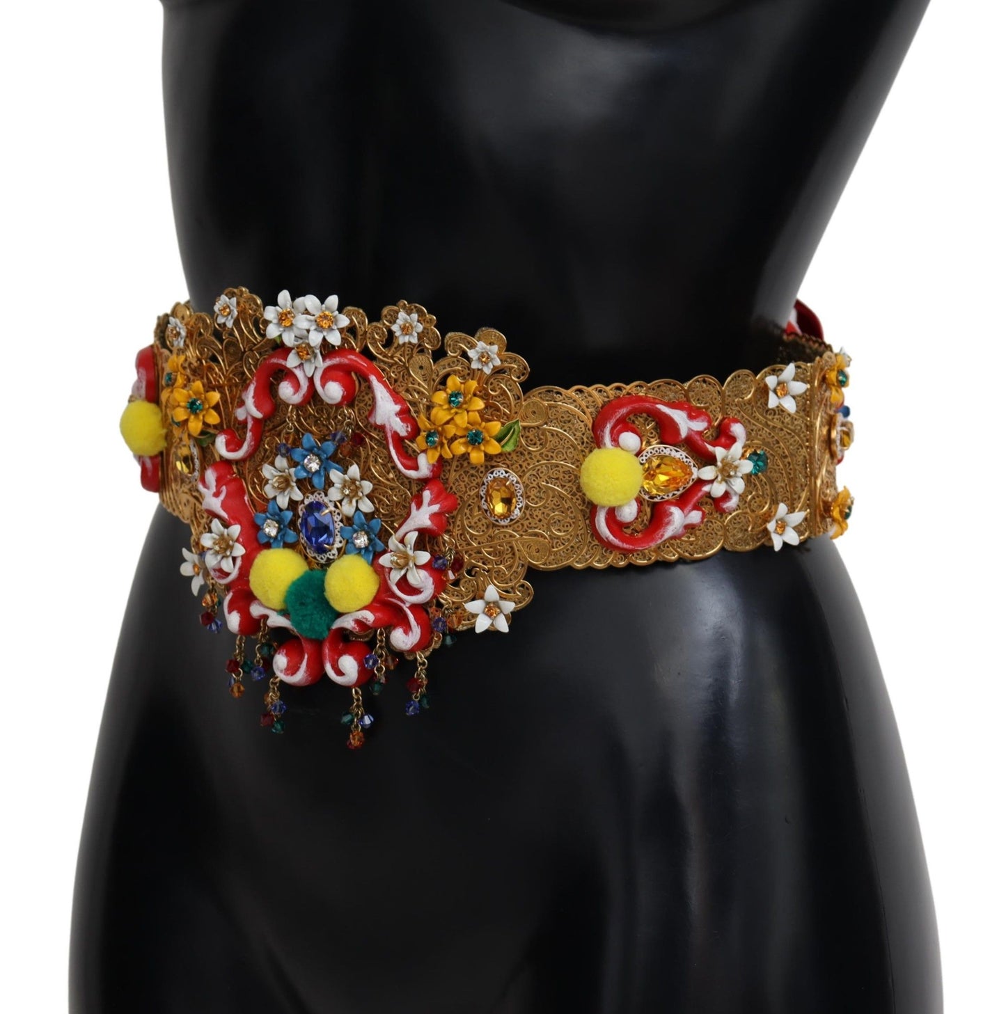 Dolce &amp; Gabbana Pinalamutian ng Floral Crystal Wide Waist Carretto Belt