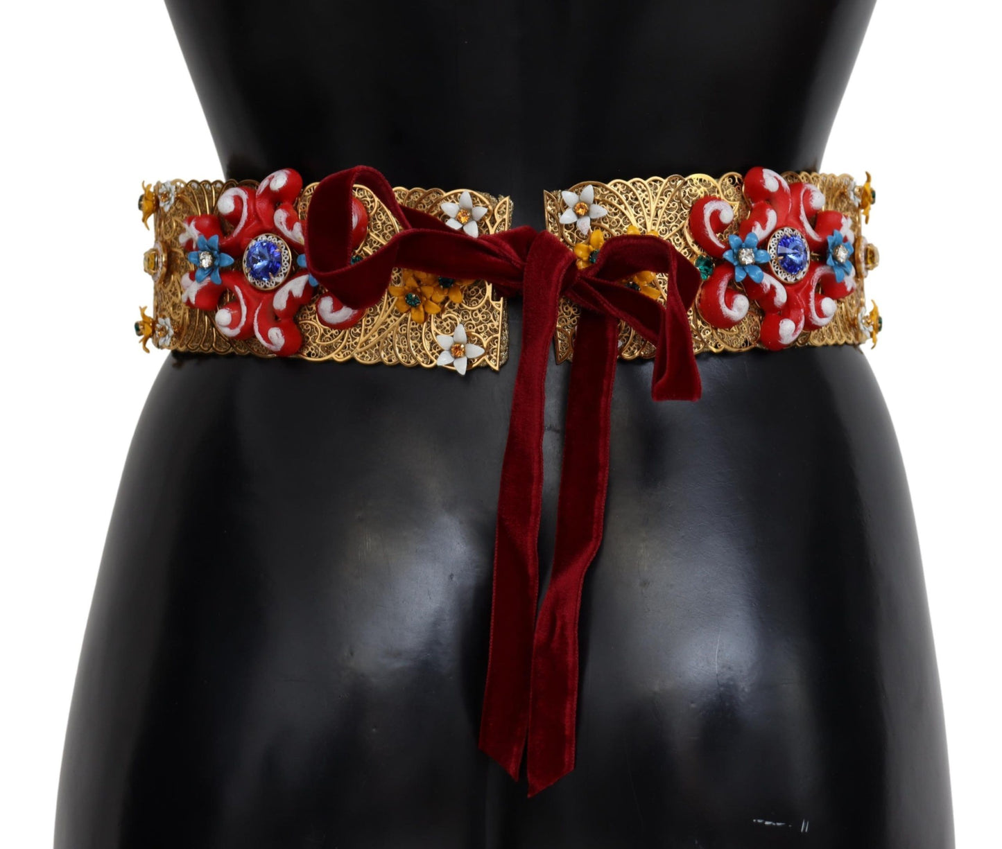 Dolce &amp; Gabbana Pinalamutian ng Floral Crystal Wide Waist Carretto Belt