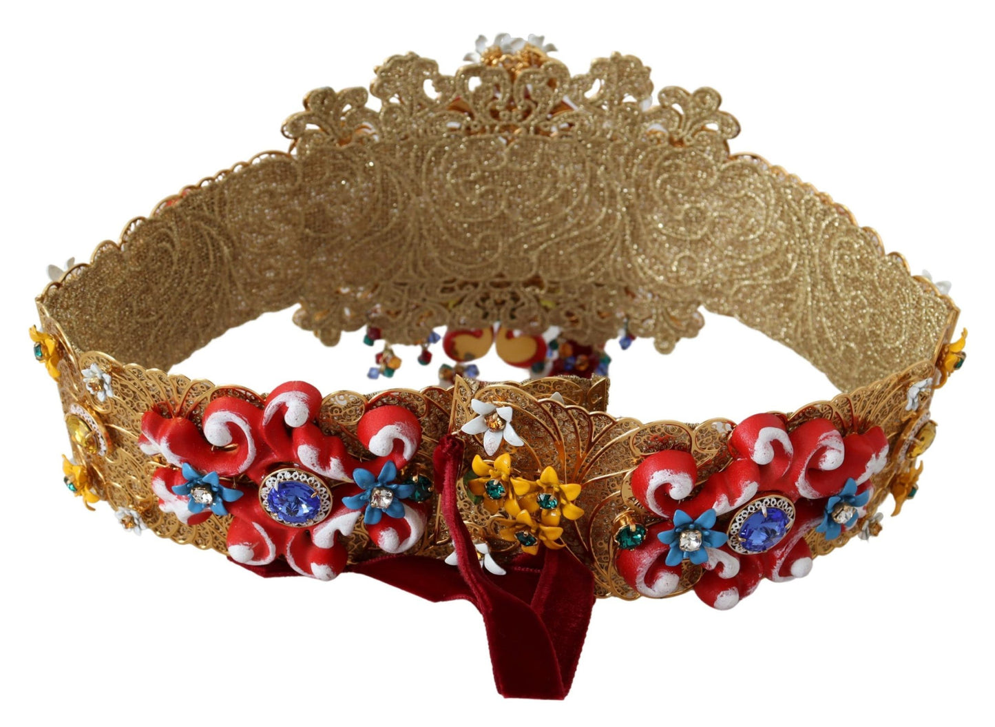 Dolce &amp; Gabbana Pinalamutian ng Floral Crystal Wide Waist Carretto Belt