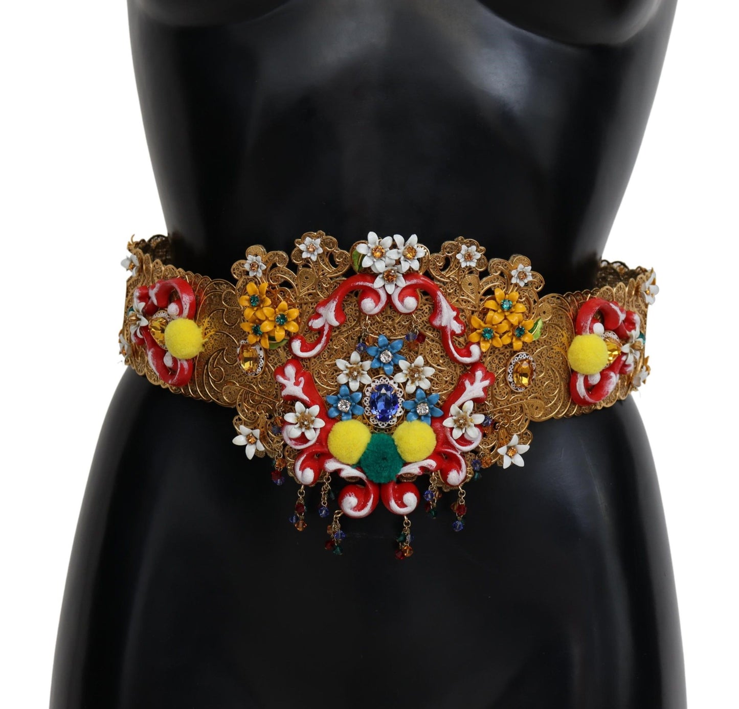 Dolce &amp; Gabbana Pinalamutian ng Floral Crystal Wide Waist Carretto Belt