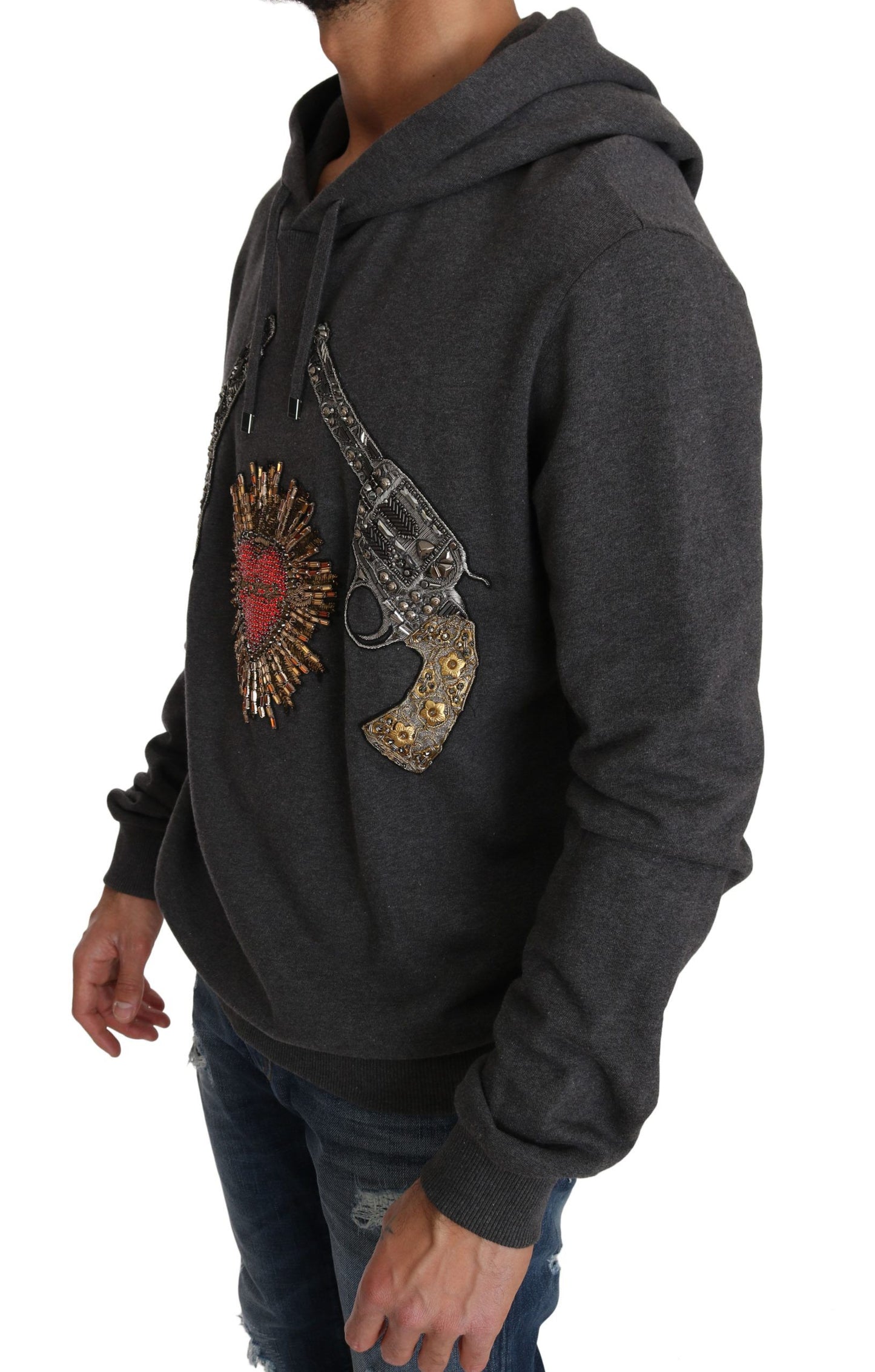 Dolce &amp; Gabbana Gray Hooded Red Crystal Heart Gun Sweater