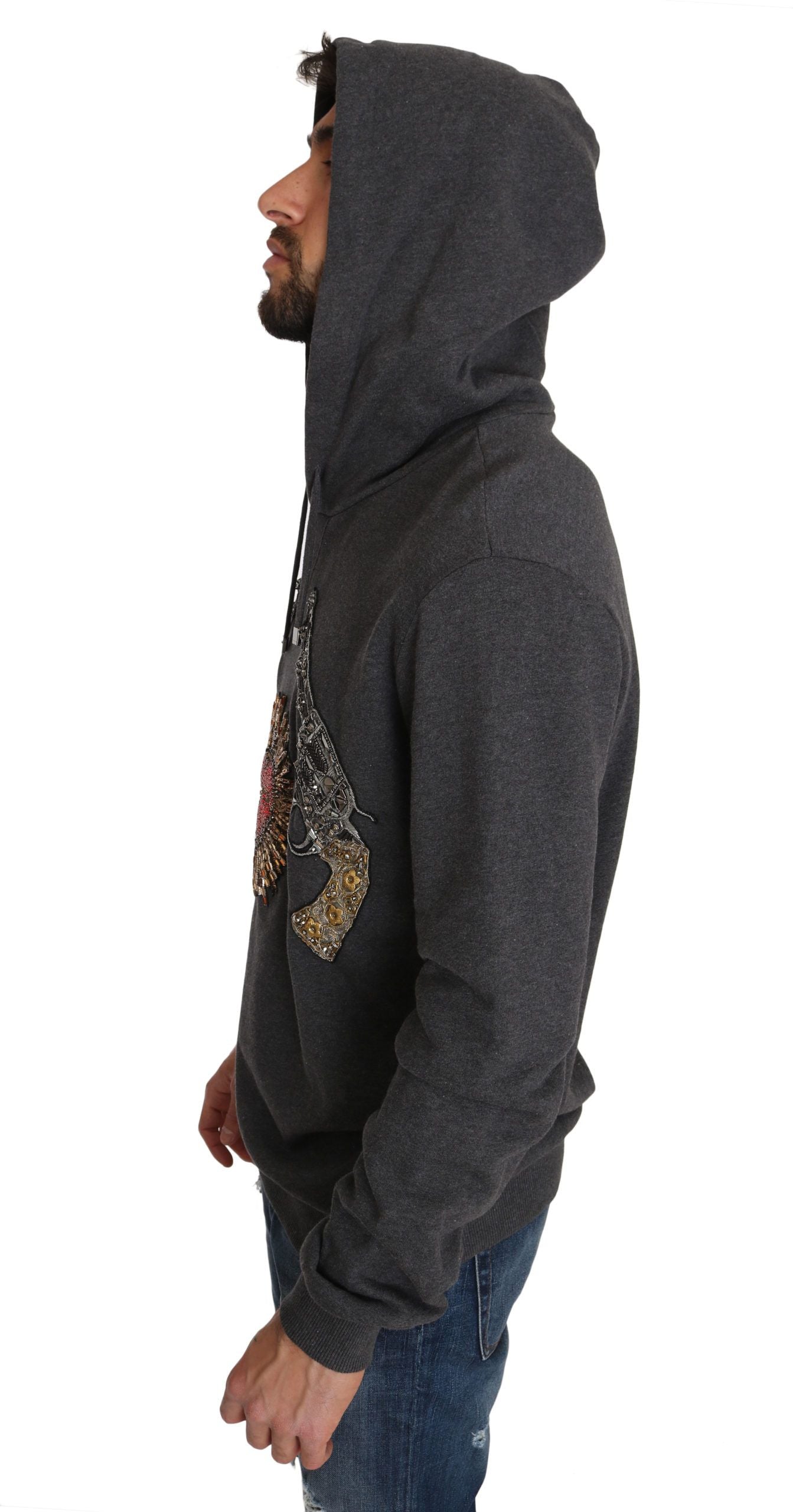 Dolce &amp; Gabbana Gray Hooded Red Crystal Heart Gun Sweater