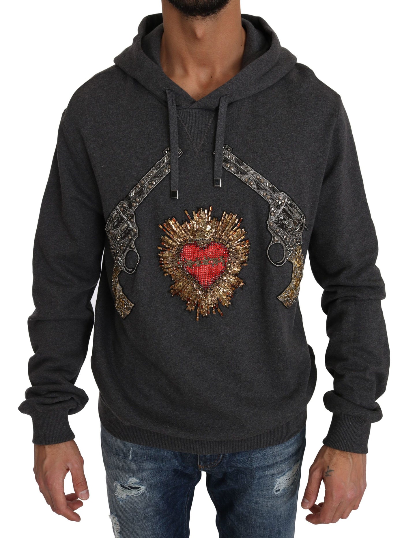 Dolce &amp; Gabbana Gray Hooded Red Crystal Heart Gun Sweater