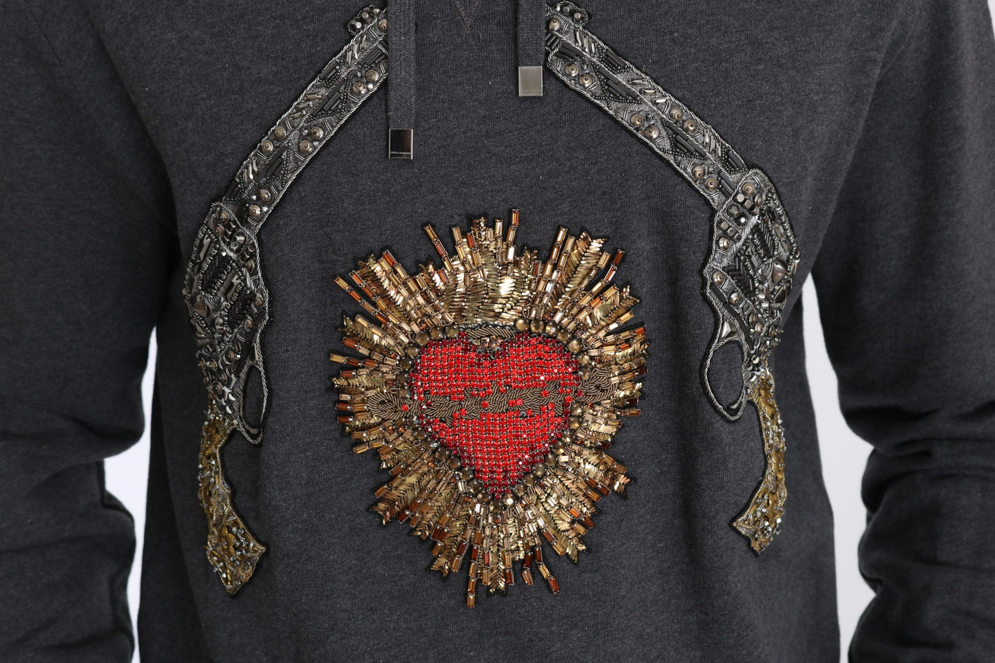 Dolce &amp; Gabbana Gray Hooded Red Crystal Heart Gun Sweater