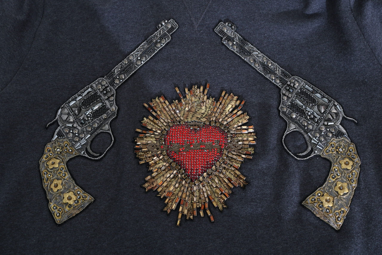 Dolce &amp; Gabbana Gray Hooded Red Crystal Heart Gun Sweater