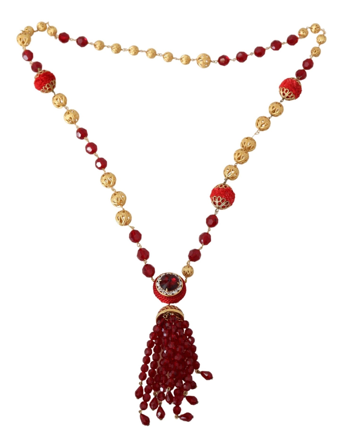 Dolce &amp; Gabbana Gold Tone Brass Red Crystals Pendant Opera Chain Necklace