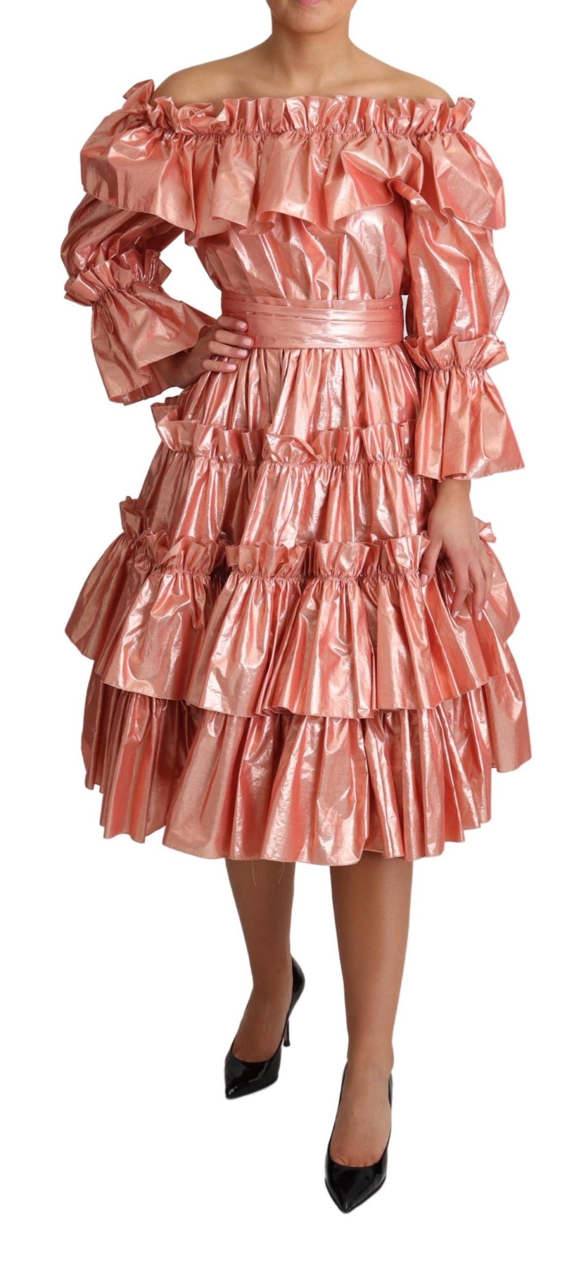 Dolce &amp; Gabbana Pink Ruffled Dress Silk Cotton Gown Dress