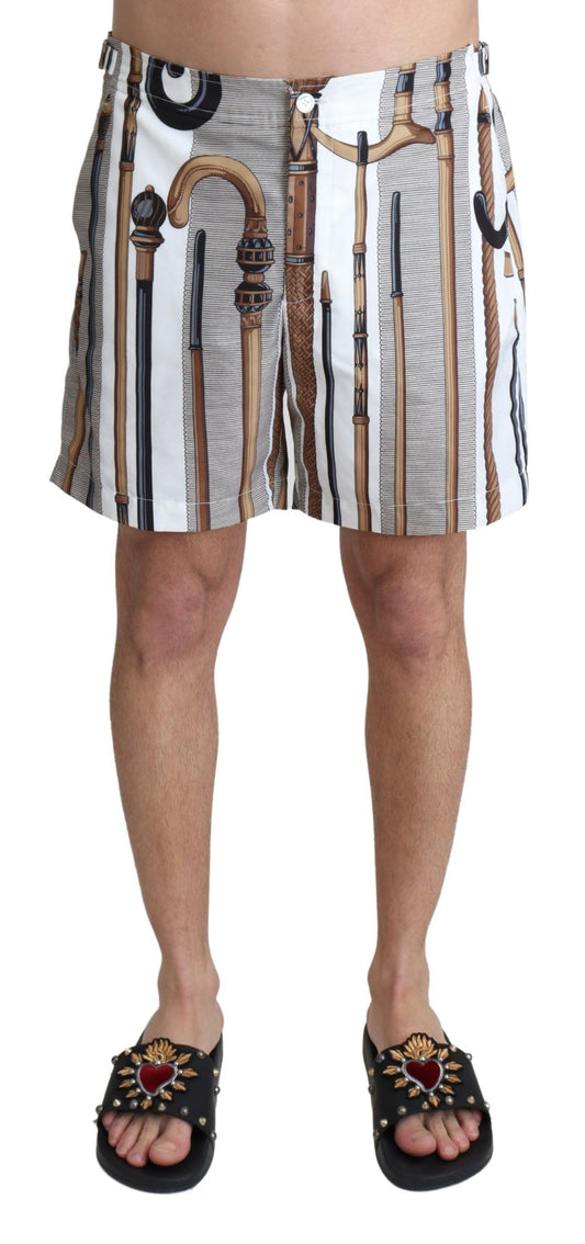 Dolce &amp; Gabbana White Walking Stick Beachwear Shorts Swimshorts