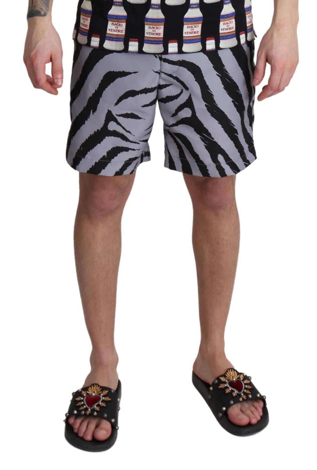 Dolce &amp; Gabbana Grey Zebra Print Beachwear Shorts