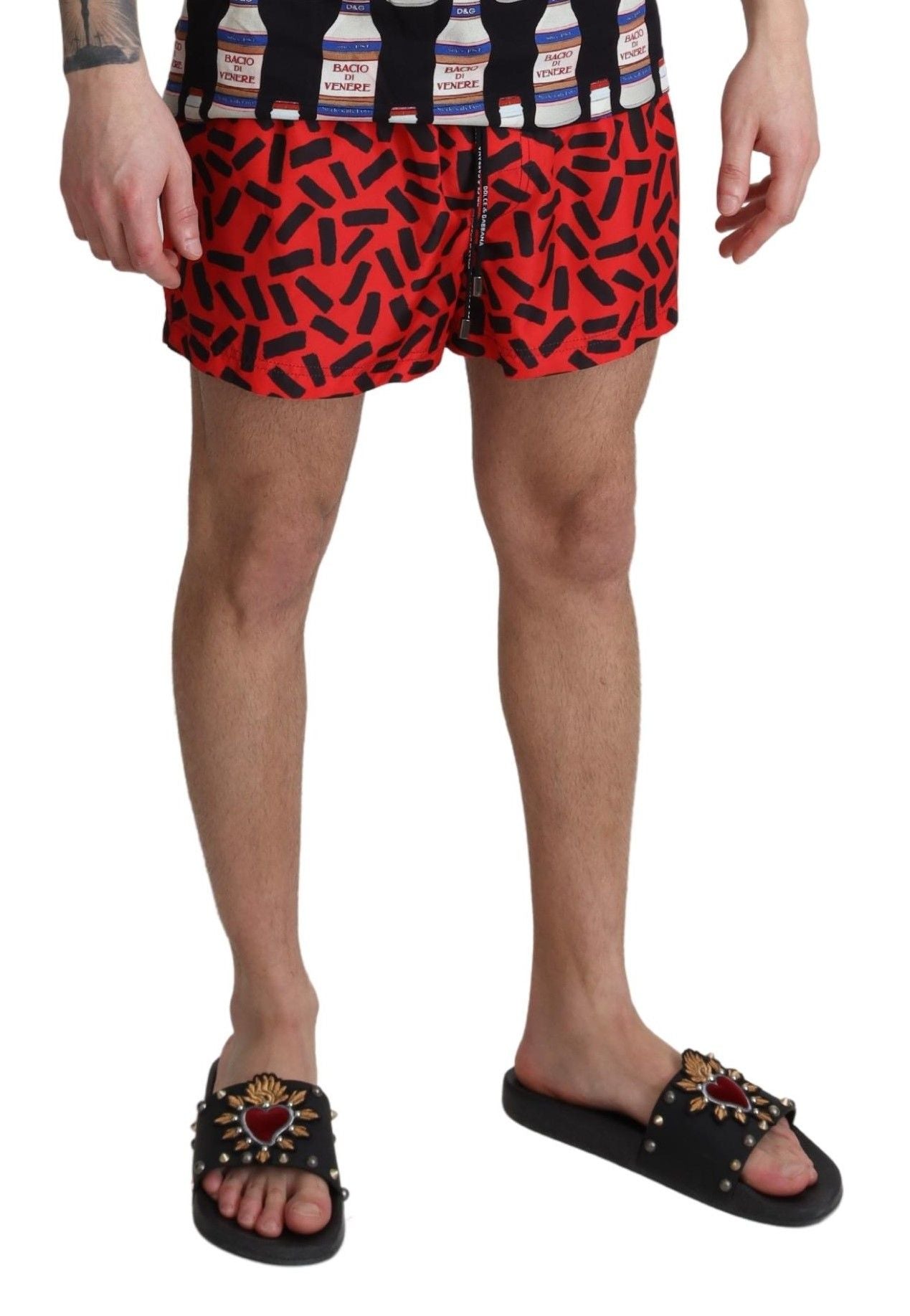 Dolce &amp; Gabbana Rot gemusterte Beachwear Shorts Bademode