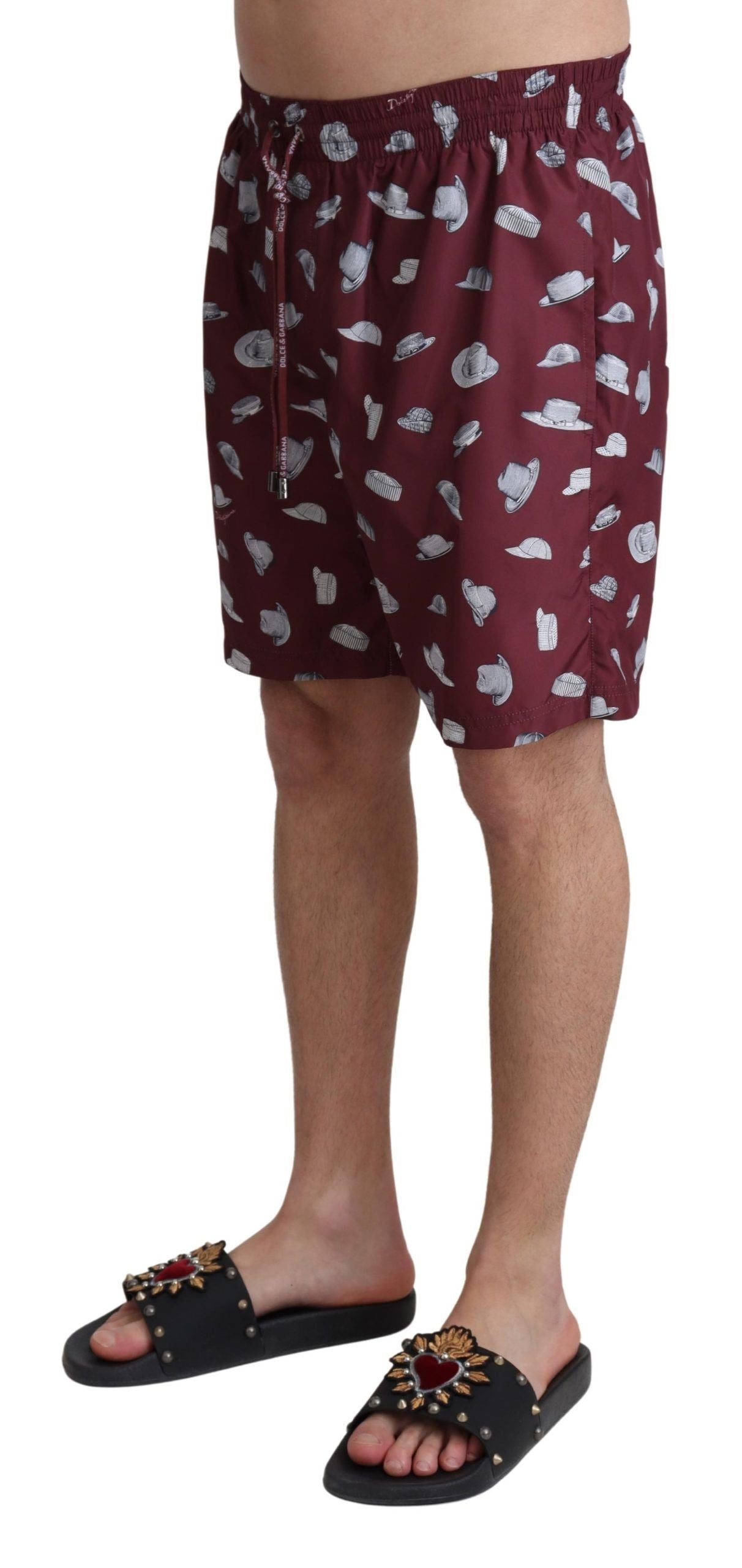 Dolce &amp; Gabbana Maroon Hats Print Beachwear Shorts Bademode