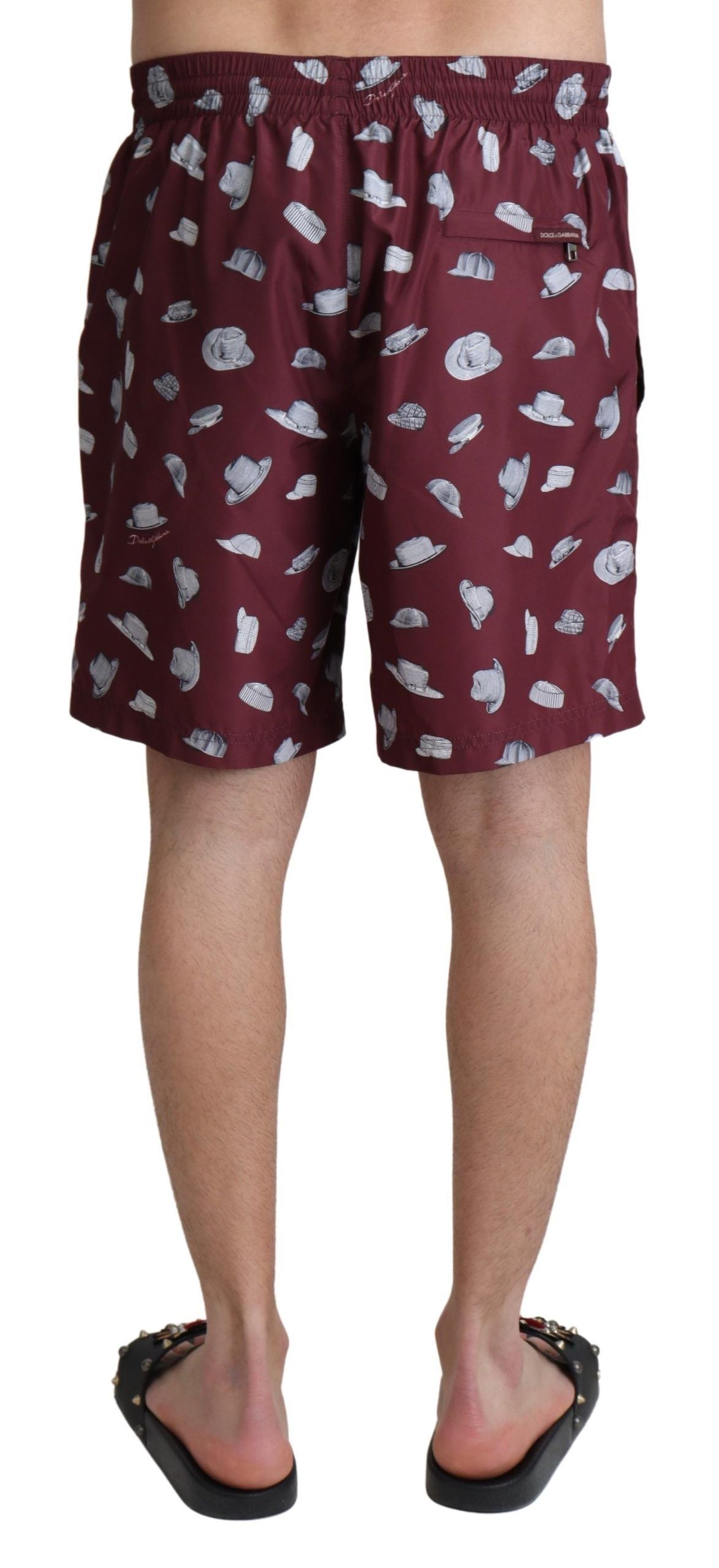 Dolce &amp; Gabbana Maroon Hats Print Beachwear Shorts Bademode