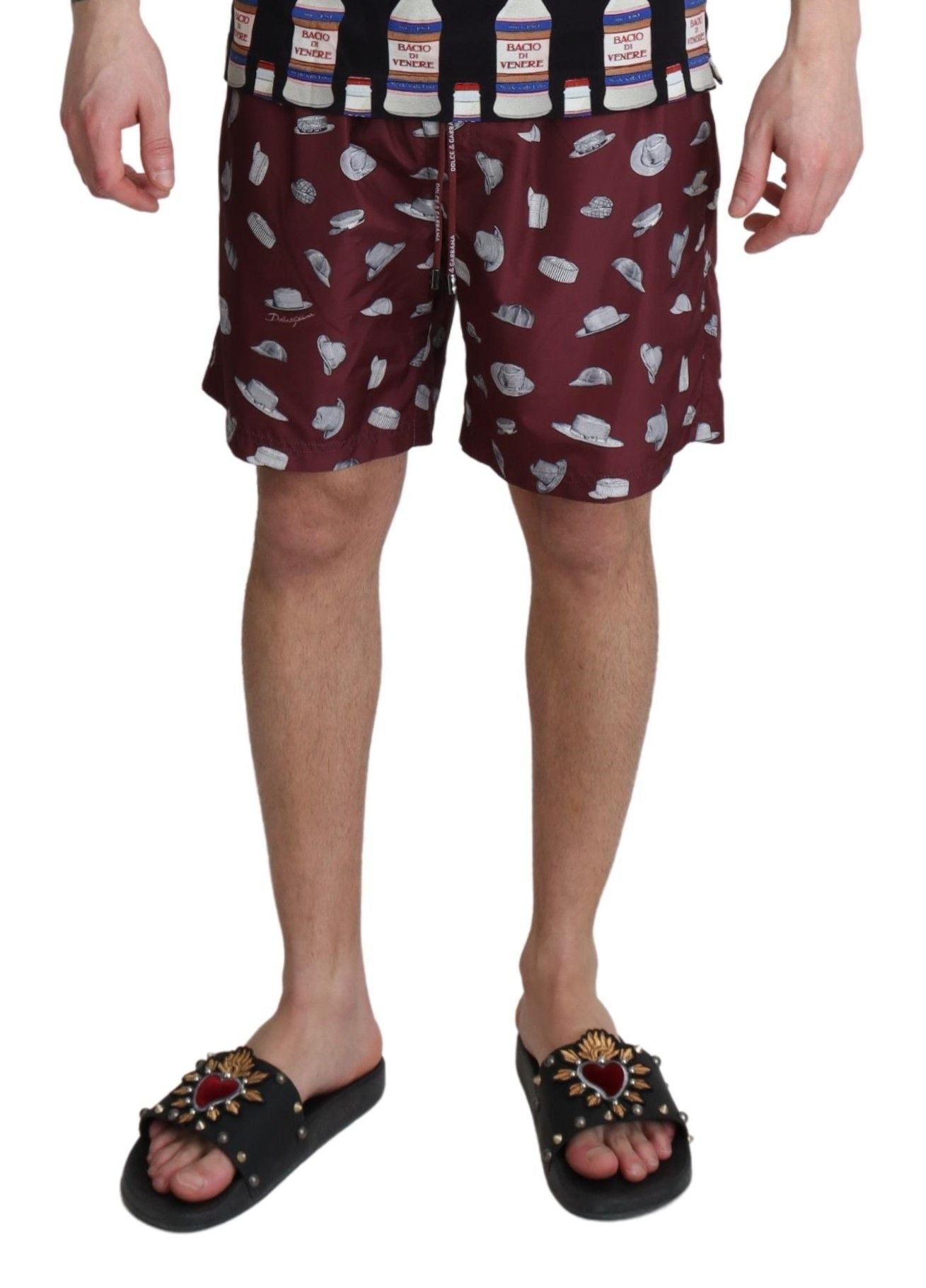 Dolce &amp; Gabbana Maroon Hats Print Beachwear Shorts Bademode