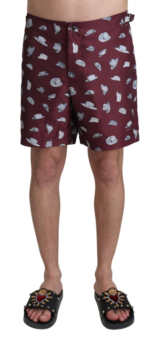 Dolce &amp; Gabbana Maroon Hats Print Beachwear Shorts Swimwear