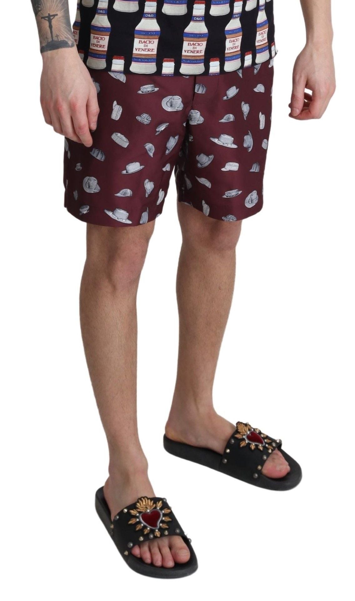 Dolce &amp; Gabbana Maroon Hats Print Beachwear Shorts Bademode