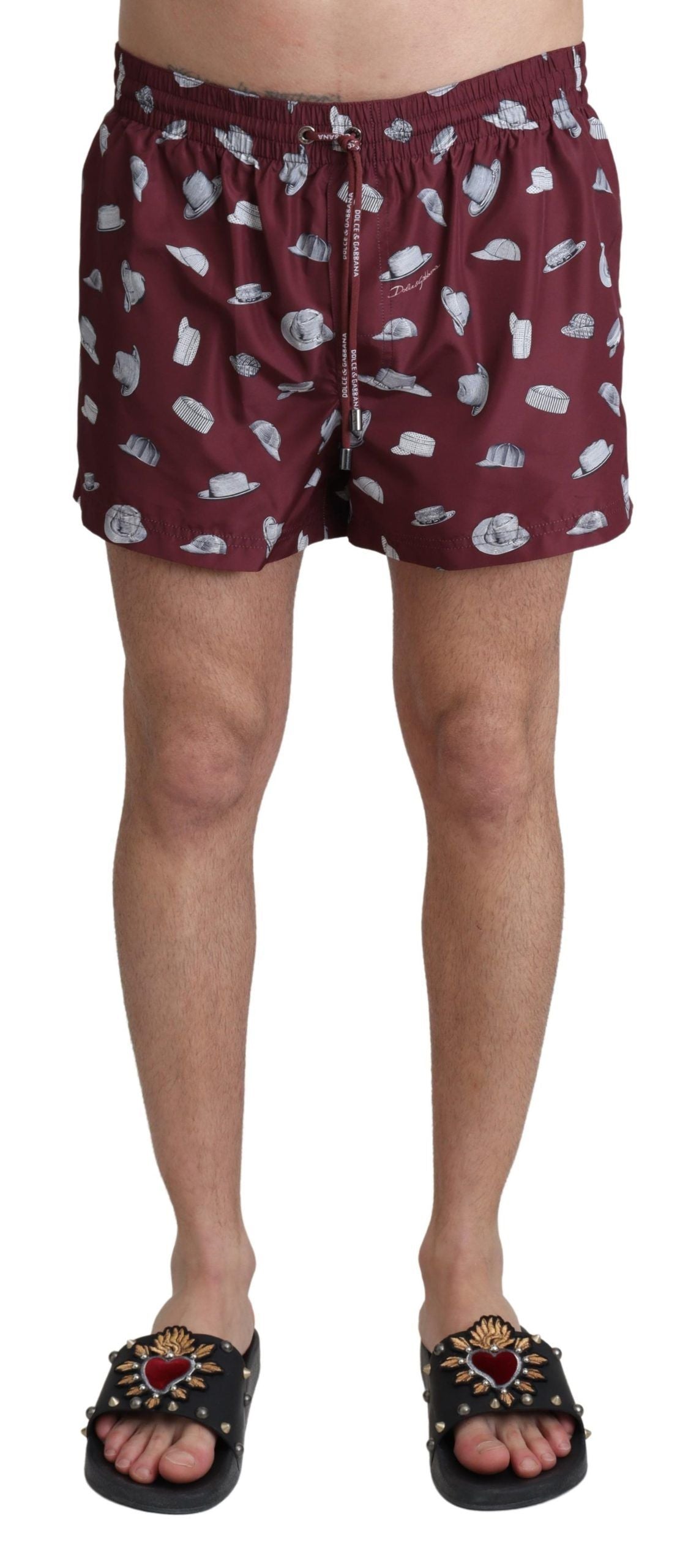 Dolce &amp; Gabbana Maroon Hats Print Beachwear Shorts Bademode