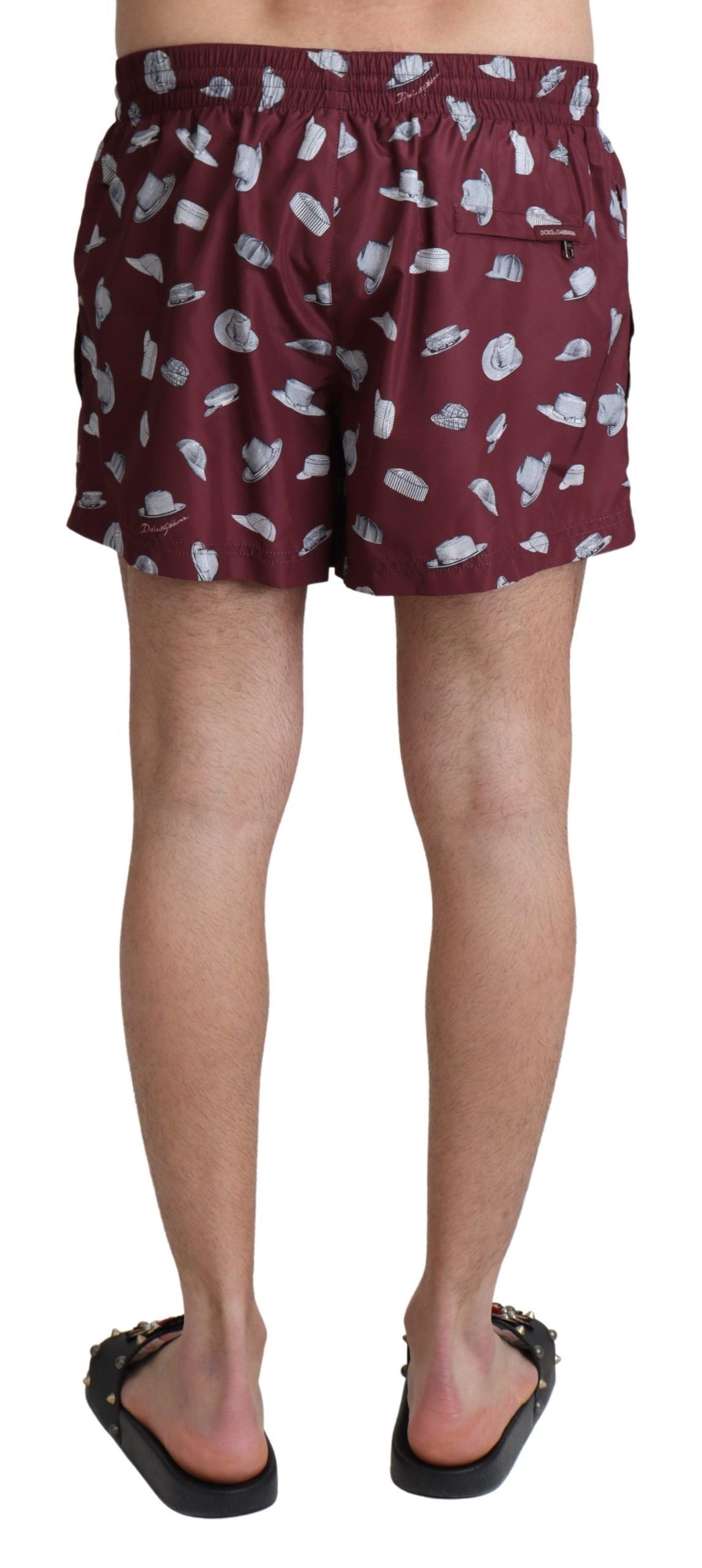 Dolce &amp; Gabbana Maroon Hats Print Beachwear Shorts Bademode