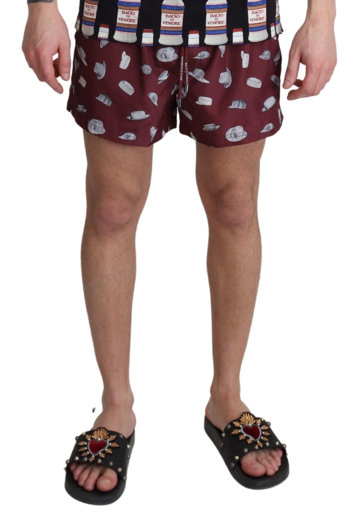 Dolce &amp; Gabbana Maroon Hats Print Beachwear Shorts Bademode