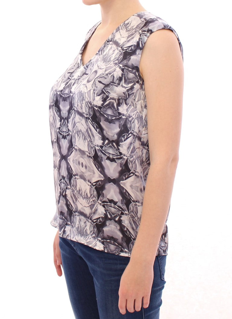 Arzu Kaprol Gray Blue Silk Blouse na Top Shirt na walang manggas