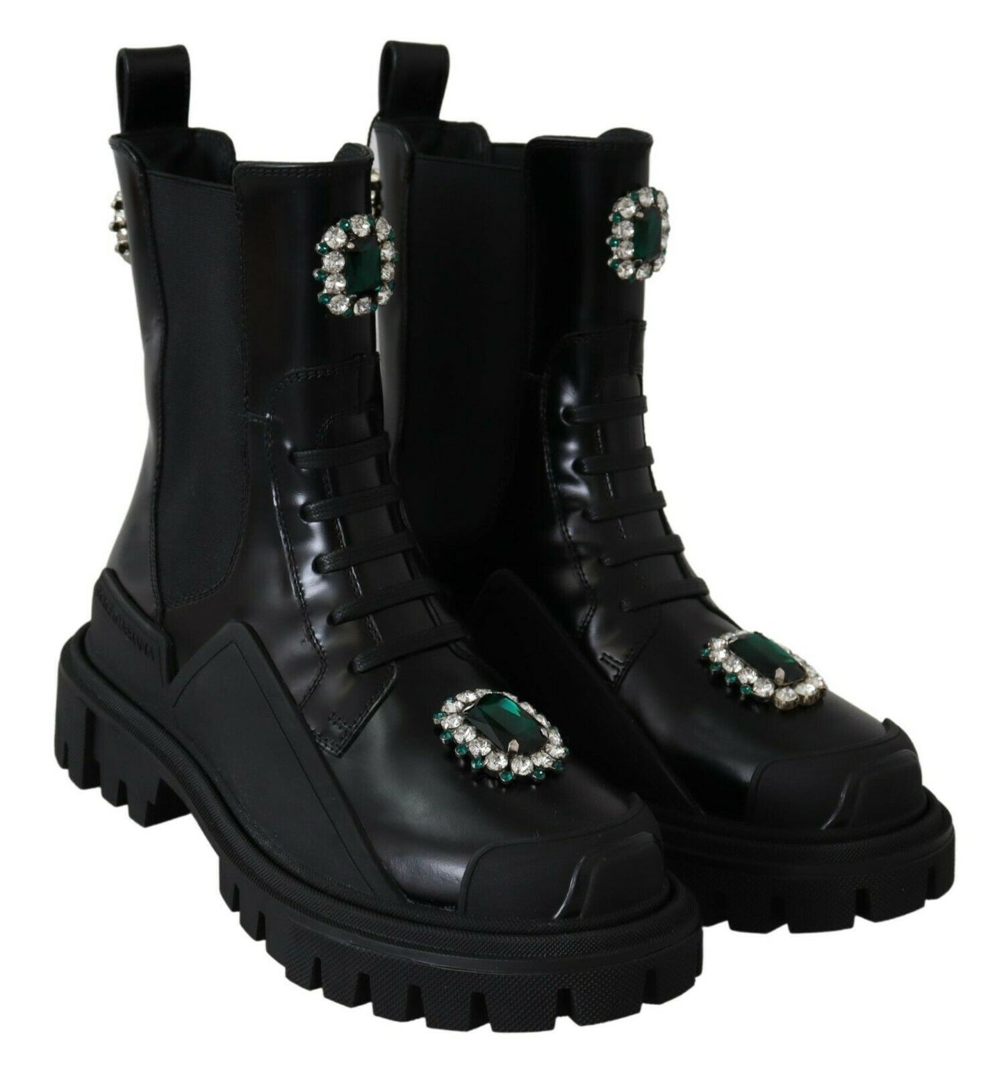 Dolce &amp; Gabbana Black Leather Crystal Combat Boots