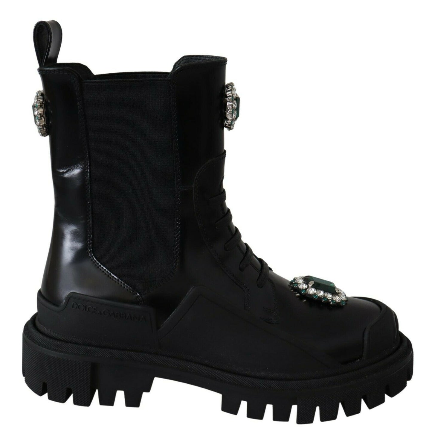 Dolce &amp; Gabbana Black Leather Crystal Combat Boots