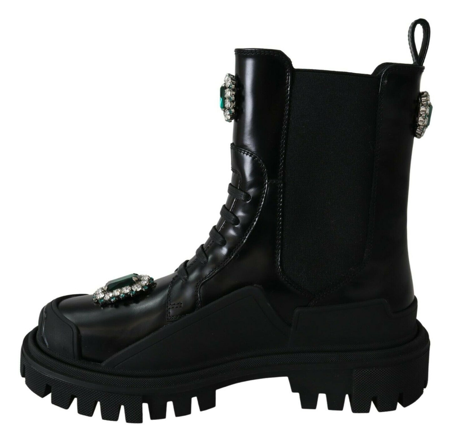 Dolce &amp; Gabbana Black Leather Crystal Combat Boots