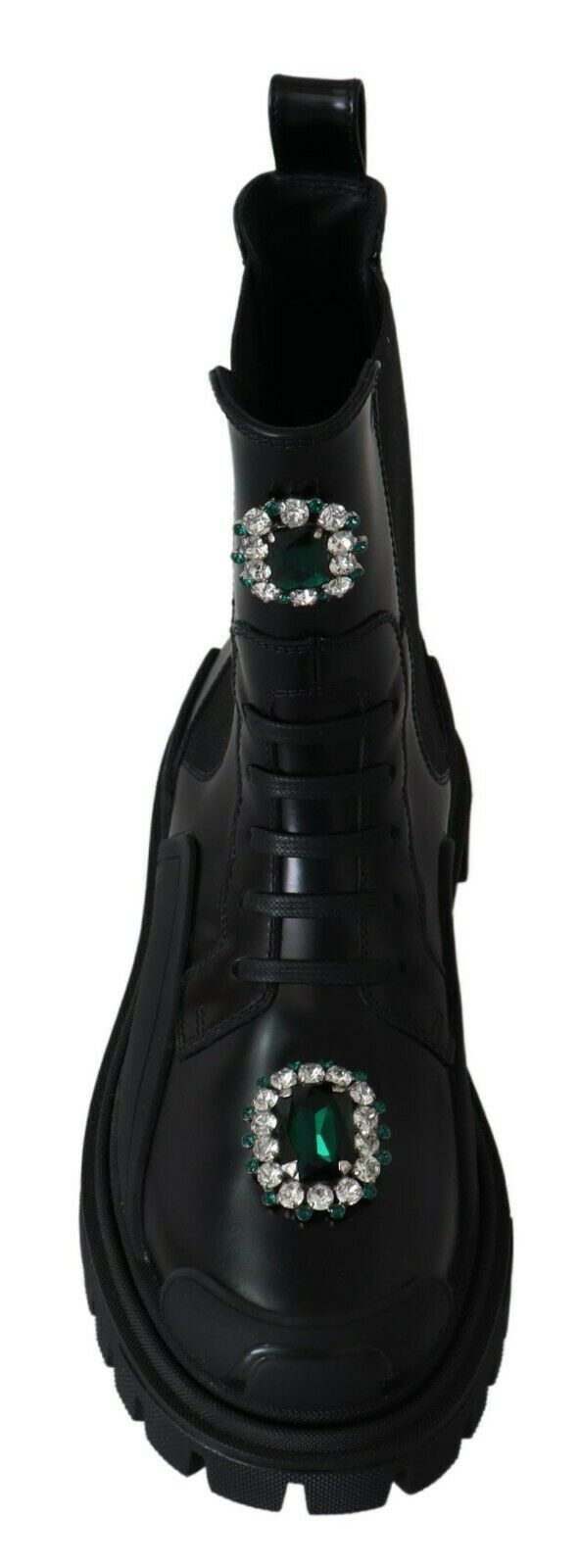 Dolce &amp; Gabbana Black Leather Crystal Combat Boots