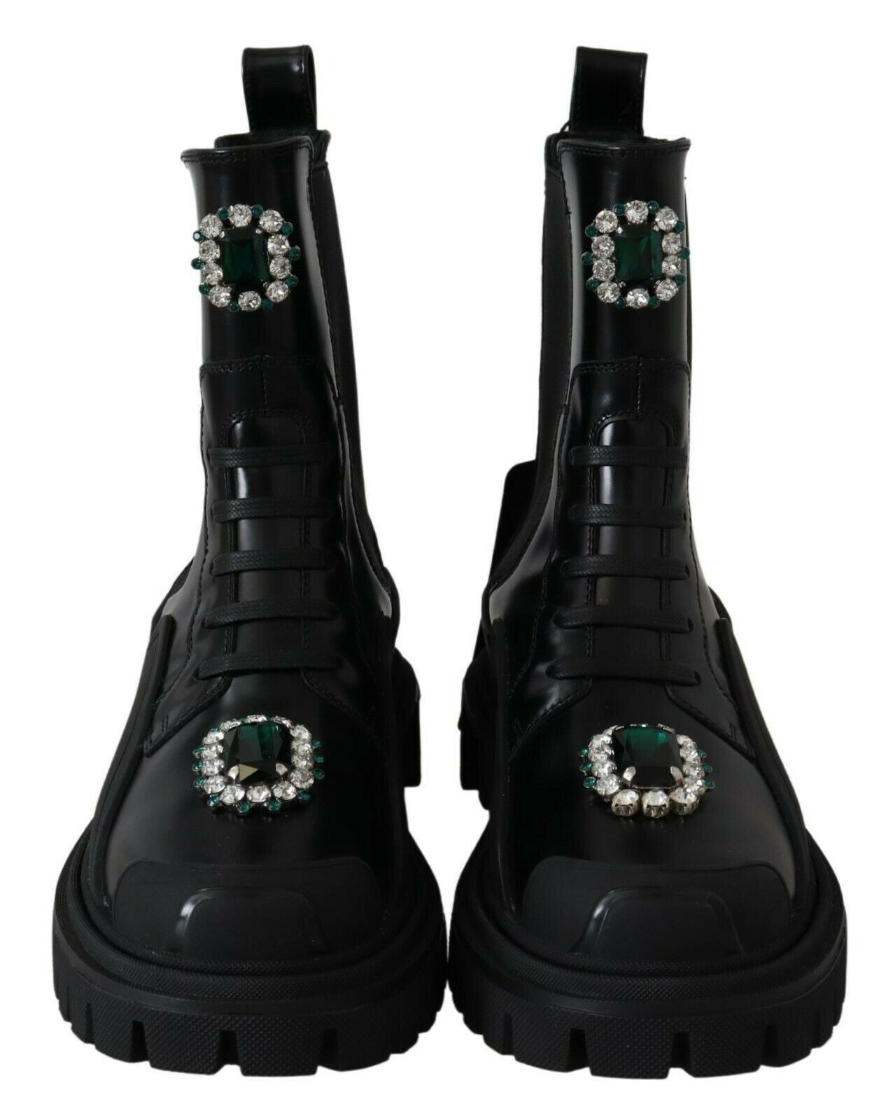 Dolce &amp; Gabbana Black Leather Crystal Combat Boots