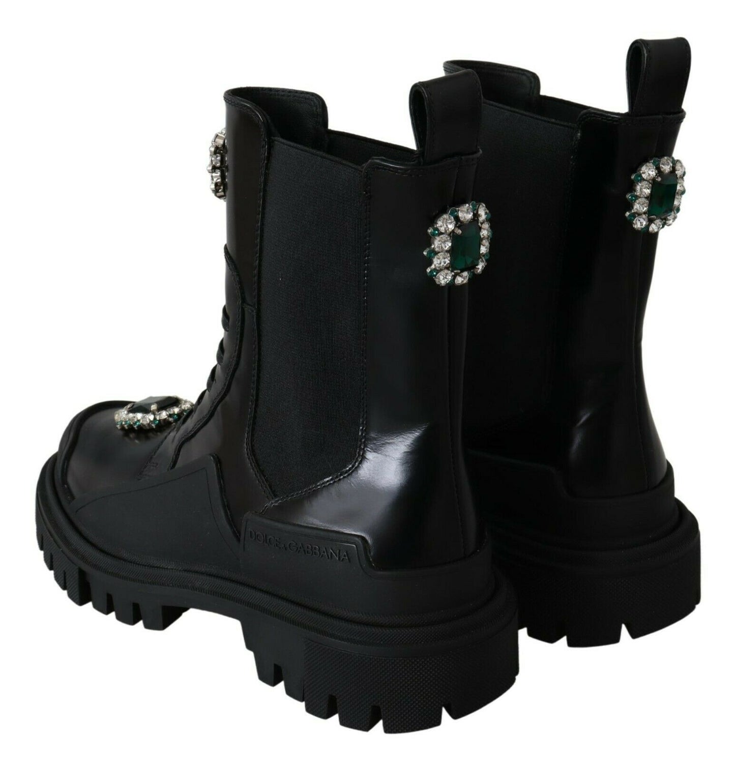 Dolce &amp; Gabbana Black Leather Crystal Combat Boots