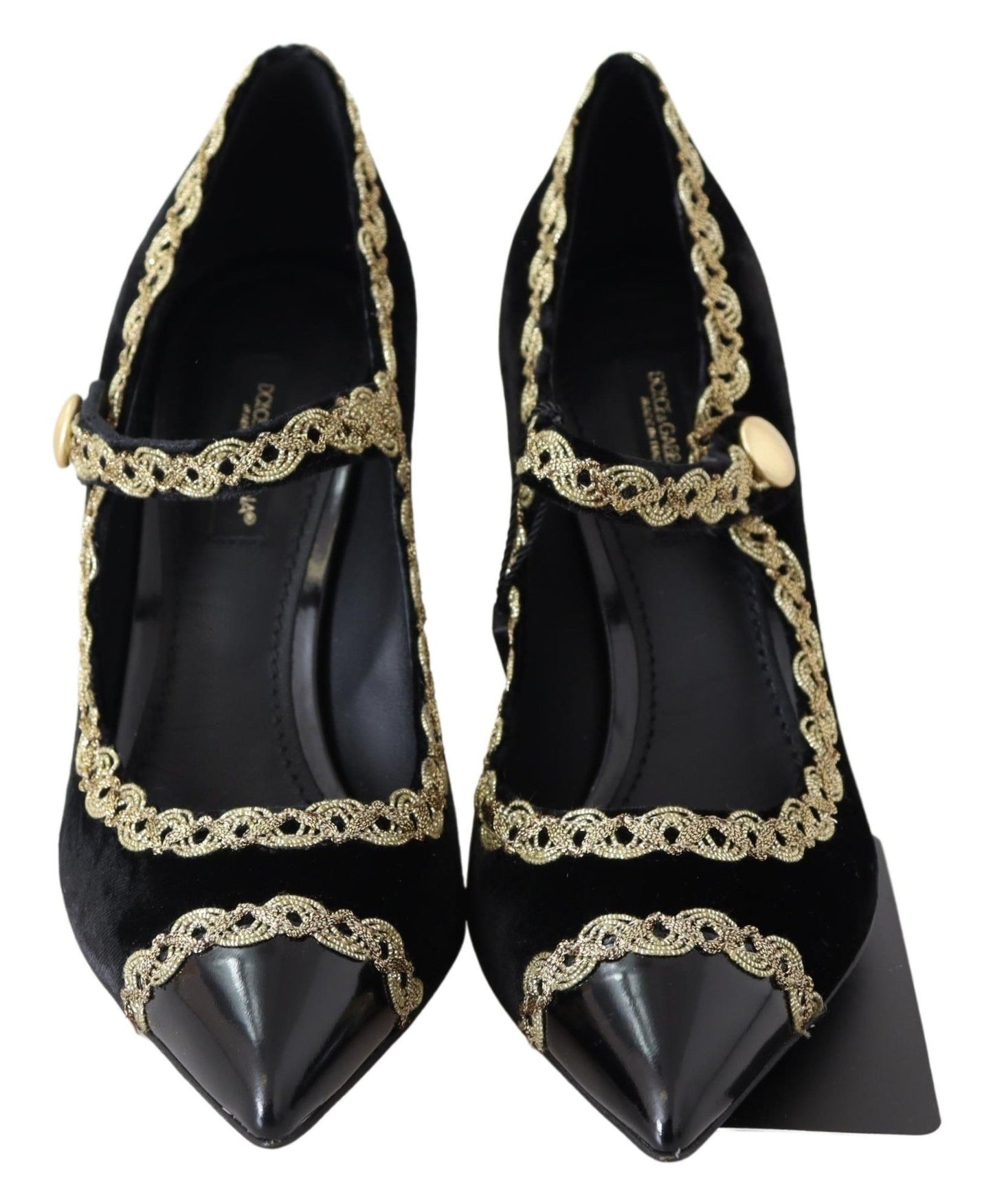 Dolce &amp; Gabbana Black Velvet Gold Mary Janes Pumps