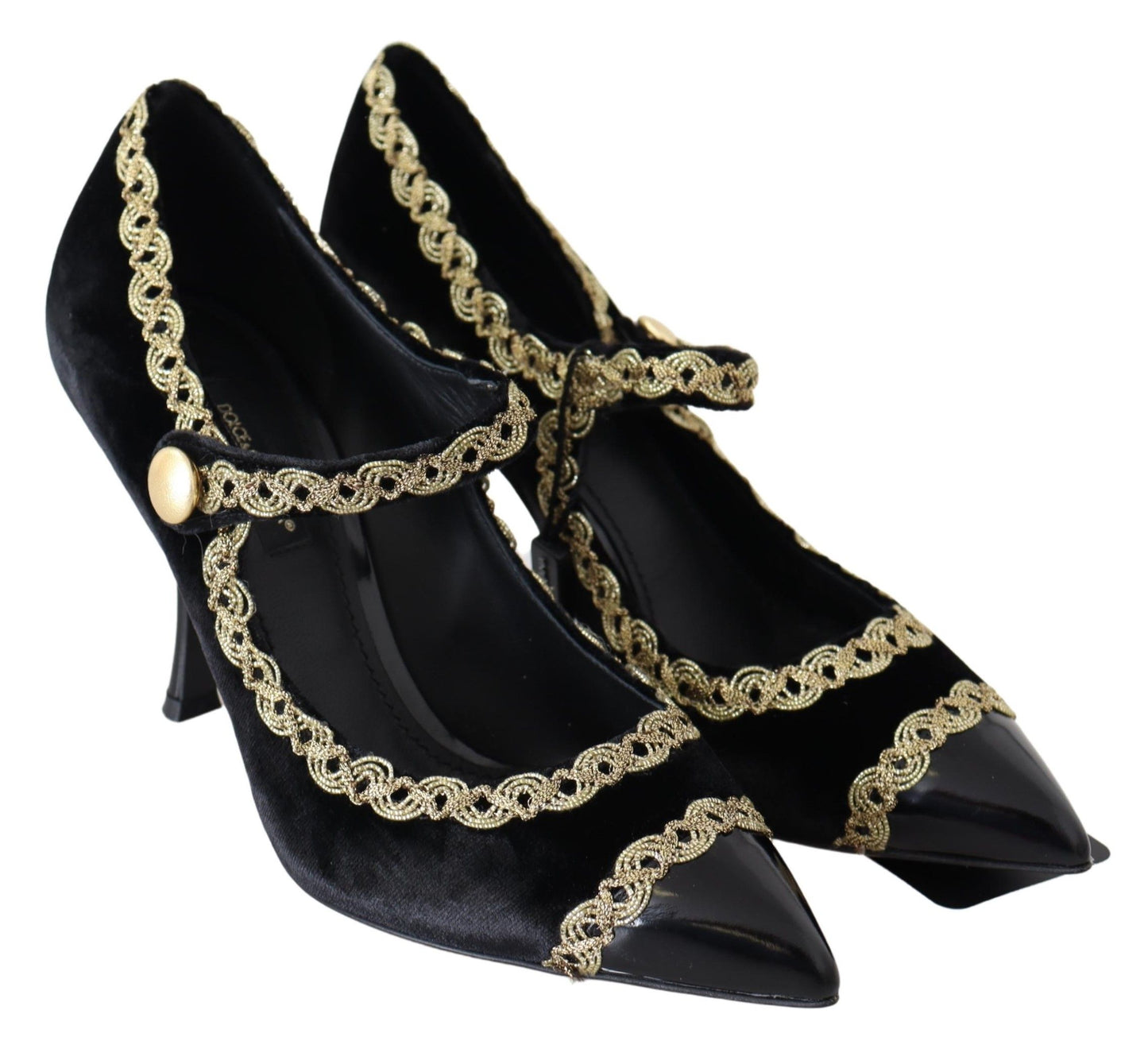 Dolce &amp; Gabbana Black Velvet Gold Mary Janes Pumps