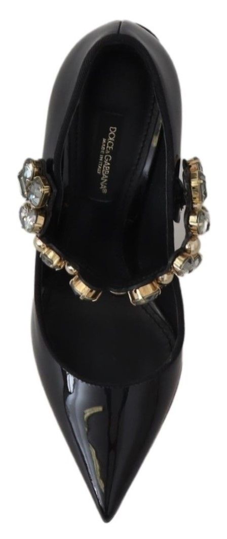 Dolce &amp; Gabbana Black Leather Crystal Shoes Mary Jane Pumps