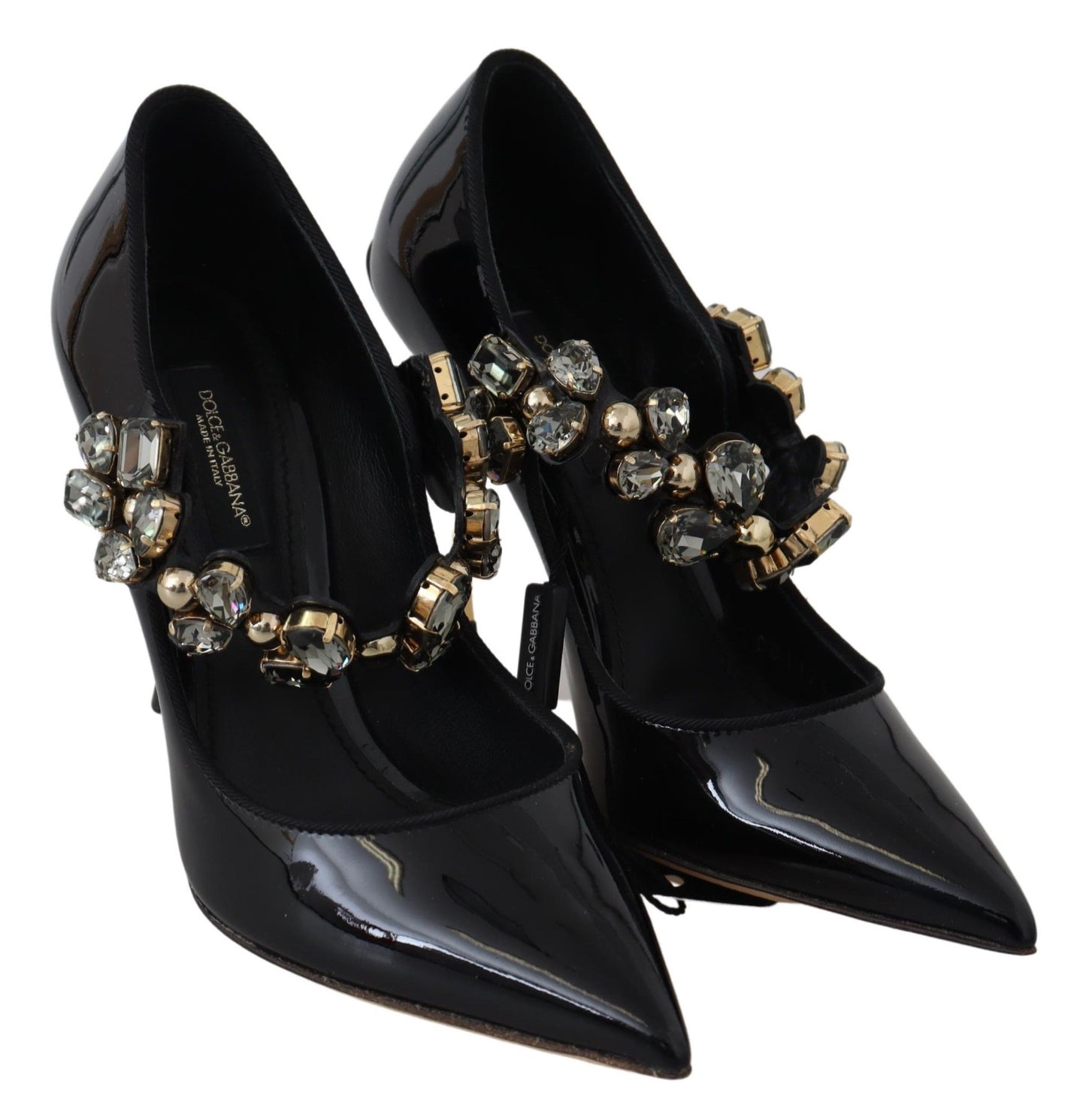 Dolce &amp; Gabbana Black Leather Crystal Shoes Mary Jane Pumps