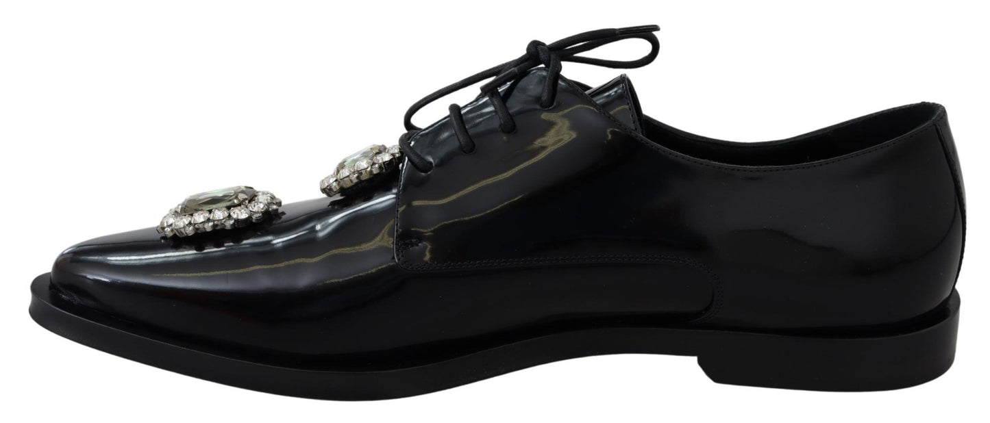 Dolce &amp; Gabbana Black Leather Crystal Lace Up Formal Shoes