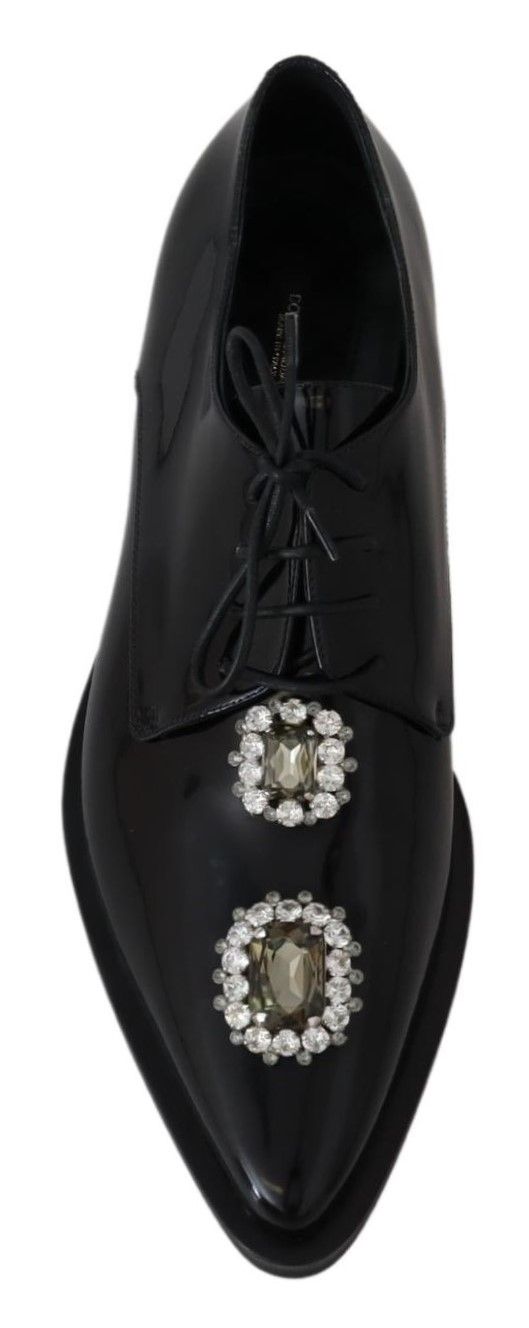 Dolce &amp; Gabbana Black Leather Crystal Lace Up Formal Shoes